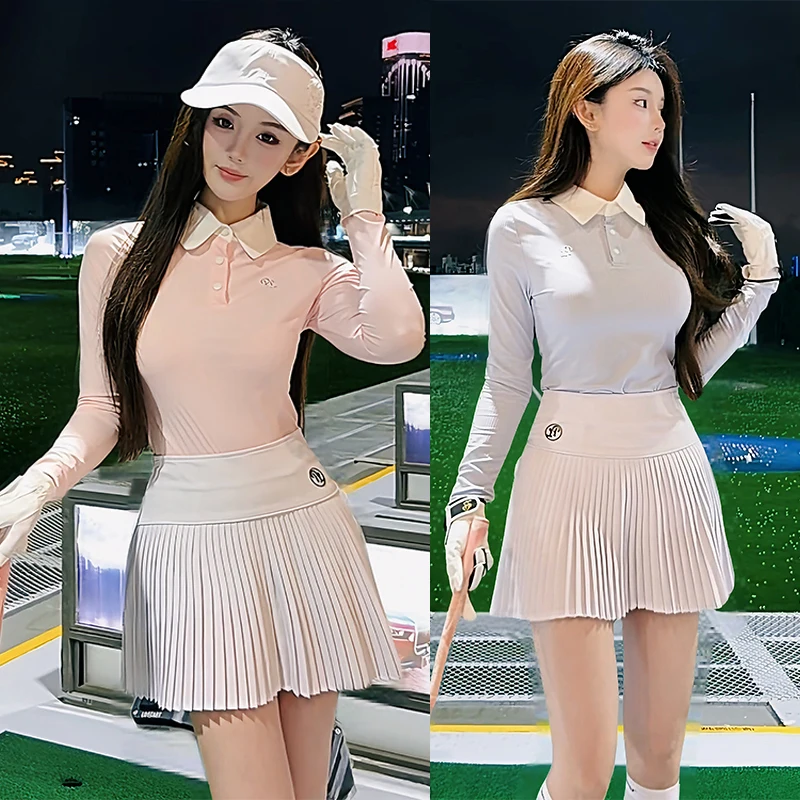 PL Spring Autumn Korean Golf Clothing Women New Golf Polo Shirts Long-sleeved Breathable Top Pleated Skirts Tennis Leisure Skort