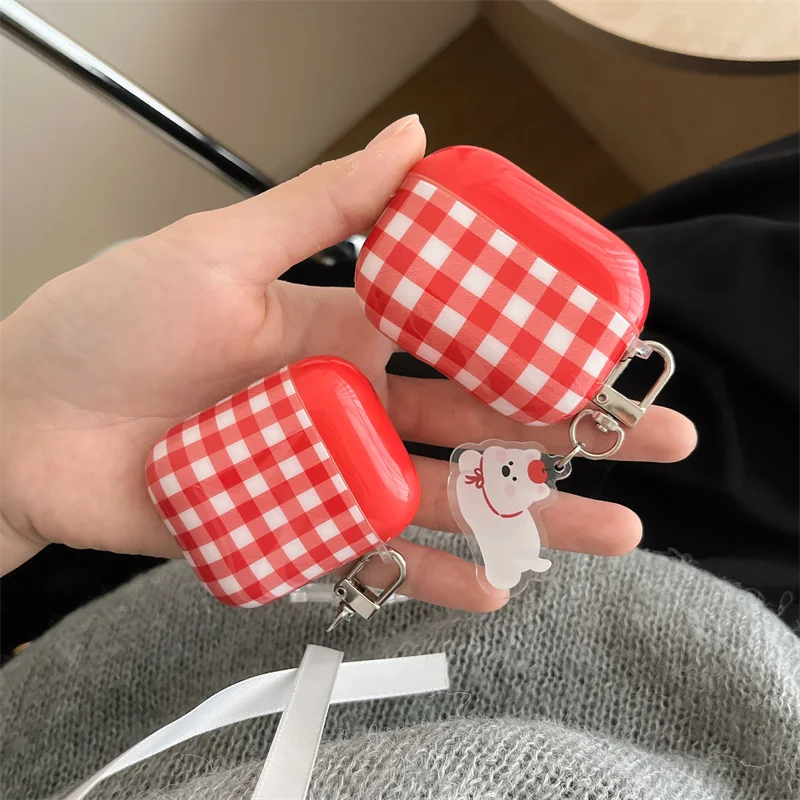 Red Plaid Earphone Case For Apple Airpods 4 Pro 2 3 Cover with Cute Dog Charm Silicone Headphone Charging Cases For Airpod Pro