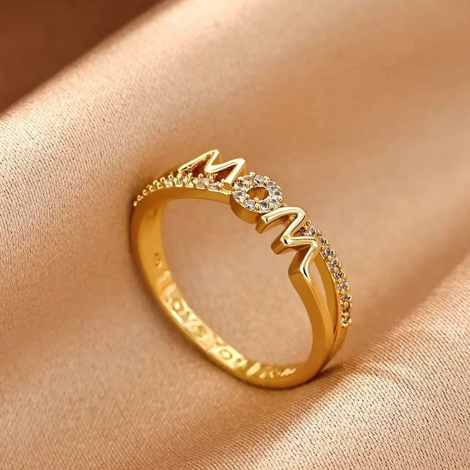 Zircon MOM Letter Crystal Band Rings For Women Gold Color Stainless Steel MOM Letter Ring Mother's Day Christmas Jewelry Gift