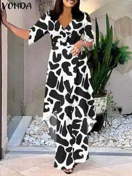 Vonda Plus Size 5xl Dames Herfstbroek Sets 2024 Bedrukte Pakken Lente Elegante Halve Mouw Bedrukte Tops Casual Lange Broek