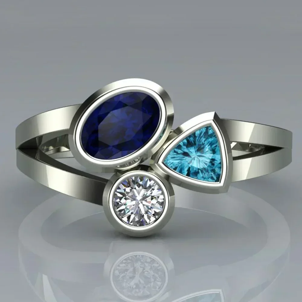 New Round Oval Triangle Stone In One Wedding Ring Superb Fasinating Three Different Color Zircon  Engagement  Band