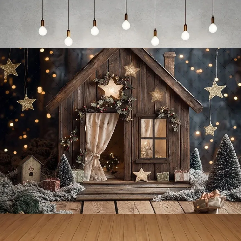 

Winter Christmas cottage lights shooting background, Christmas tree gifts children, family party decorations shooting background