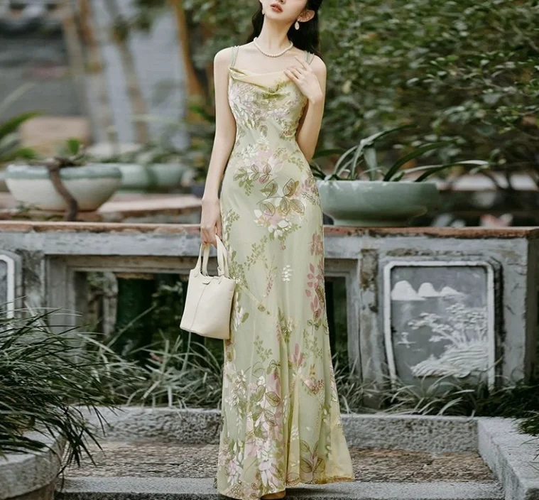 

Vintage High-End Dress Retro Style Strap Dress Summer 2025 New Chinese Style Flower Printed Elegant A-Line Camisole Long Dress