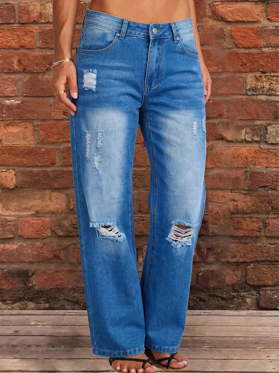 

Onecozyday Vintage Wash Distressed Ripped Hole Wide Leg Jeans High Rise Relax Fit Full Length Streetwear Casual Denim Trousers