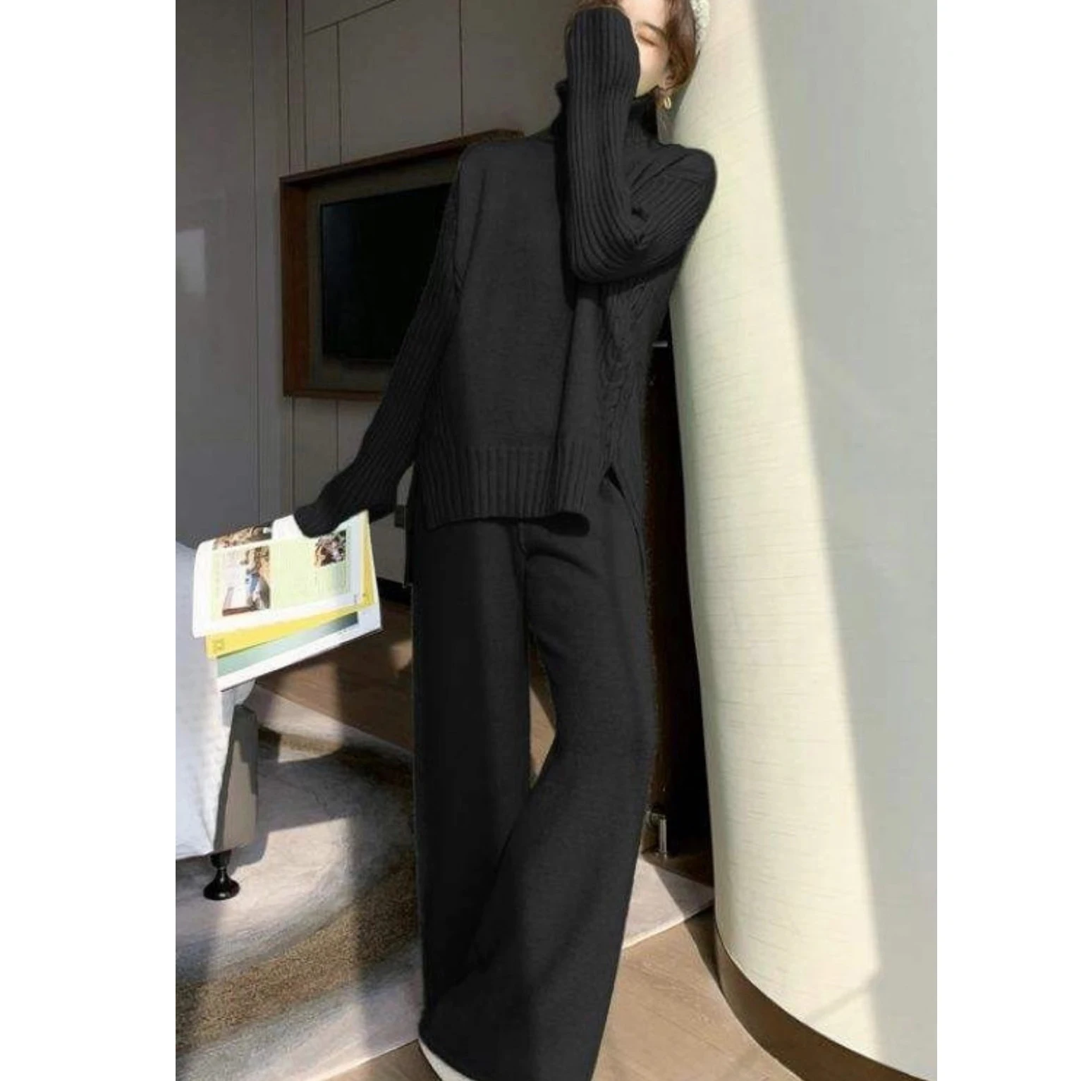 Women Winter Sweater Sets Solid Twist Jacquard Loose Pullover Top + Rolled-up Wide-leg Pants Suits Knit Trousers 2 Piece Sets