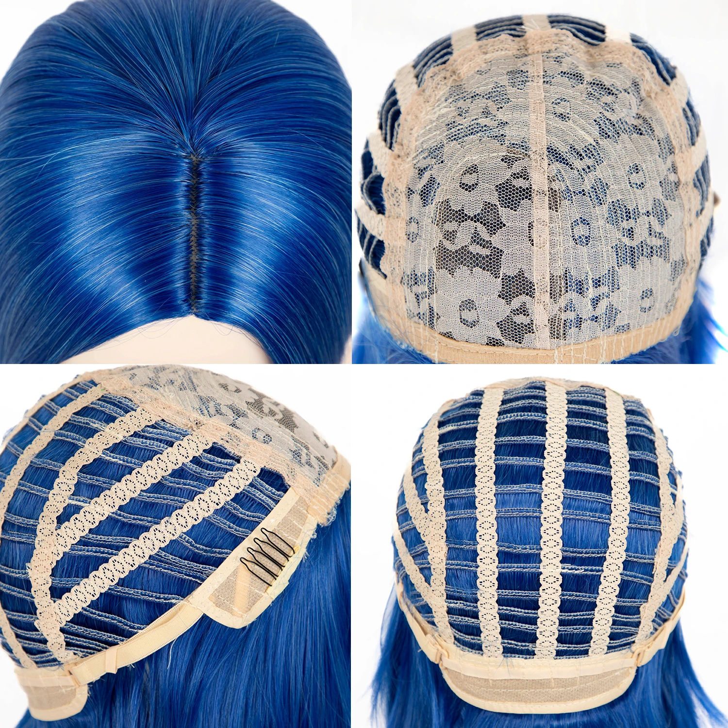 Perruque Bob courte bleue + lunettes noires + bonnet de perruque bleu Anime émotion Cosplay Costume perruques avec frange partie latérale cheveux synthétiques