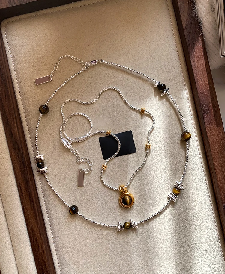 Gold- und Silberfarbene Kette, kreisförmiger Tigerauge-Stein-Anhänger, Halskette, luxuriöser Schmuck für Damen, sexy Schlüsselbein-Accessoires – Detail 14