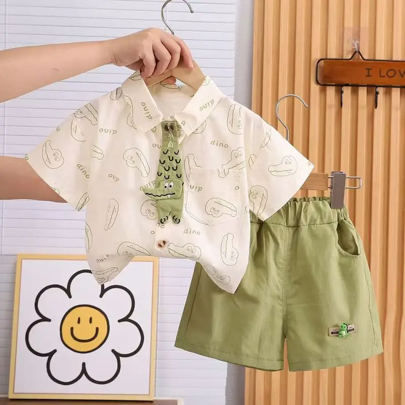 

New Summer Baby Boys Clothes Children Cartoon Crocodile Tie Shirt Shorts 2Pcs Sets Toddler Fashion Costume Kids Tracksuits 1-5Y