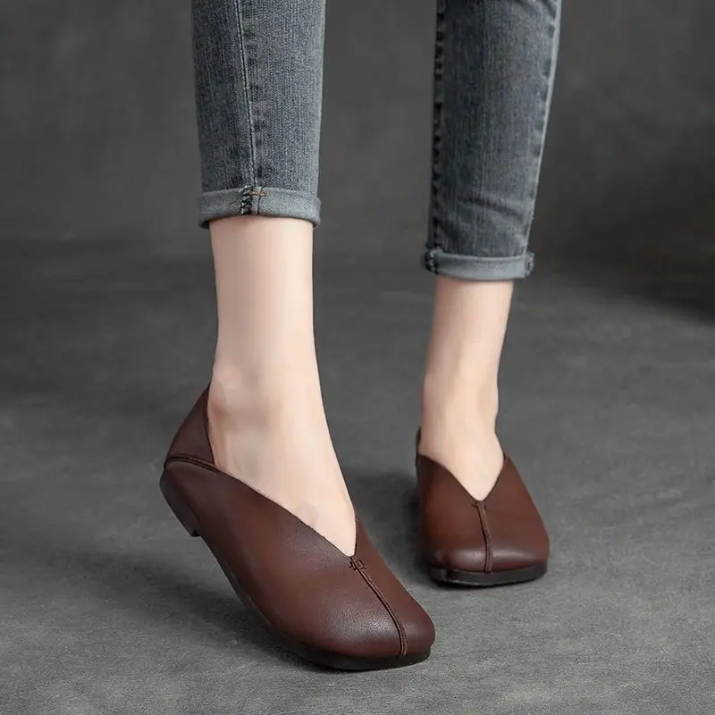 

New Women's French Style Flat Shoes Square Toe Genuine Leather Soft Sole Comfort Pumps Fashion Loafers For Spring fashion Autumn