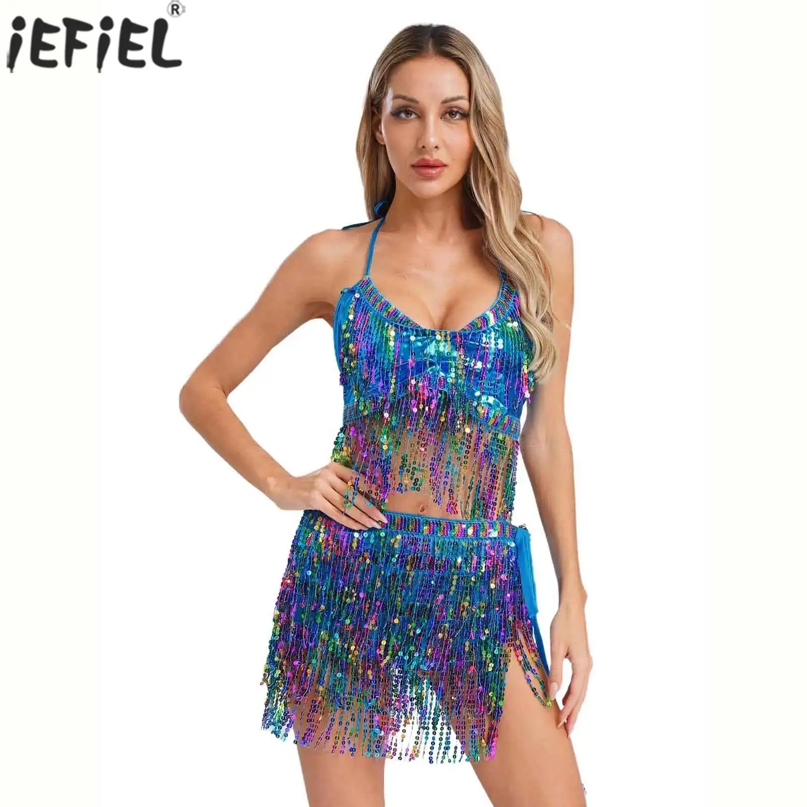 

Belly Cha-cha Rumba Dance Sets Women Shimmery Catching Bra Tops with Hip Skirts Set For Belly India Dance Party Festival Outfits