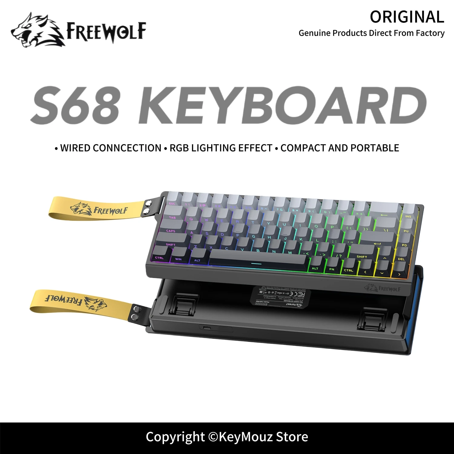 FREEWOLF S68 Wired Gaming Keyboard 68 Keys Compact RGB Backlit 19 Keys Anti-Ghosting Type-C Portable for PC Gamer