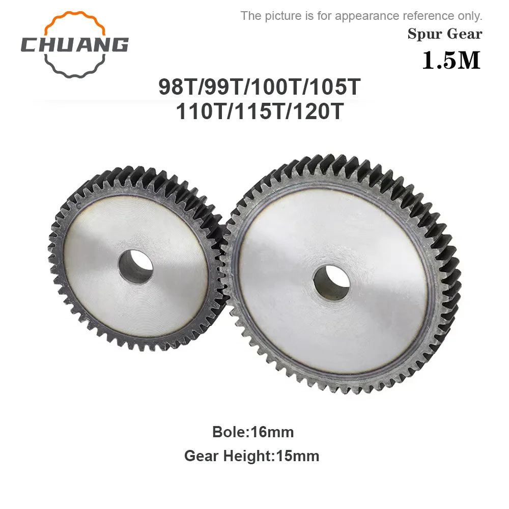 

Spur Gear 1.5M-98T/99T/100T/105T/110T/115T/120Teeth 45# Steel Material Cylindrical Gears For Transmission Accessories CNC Part