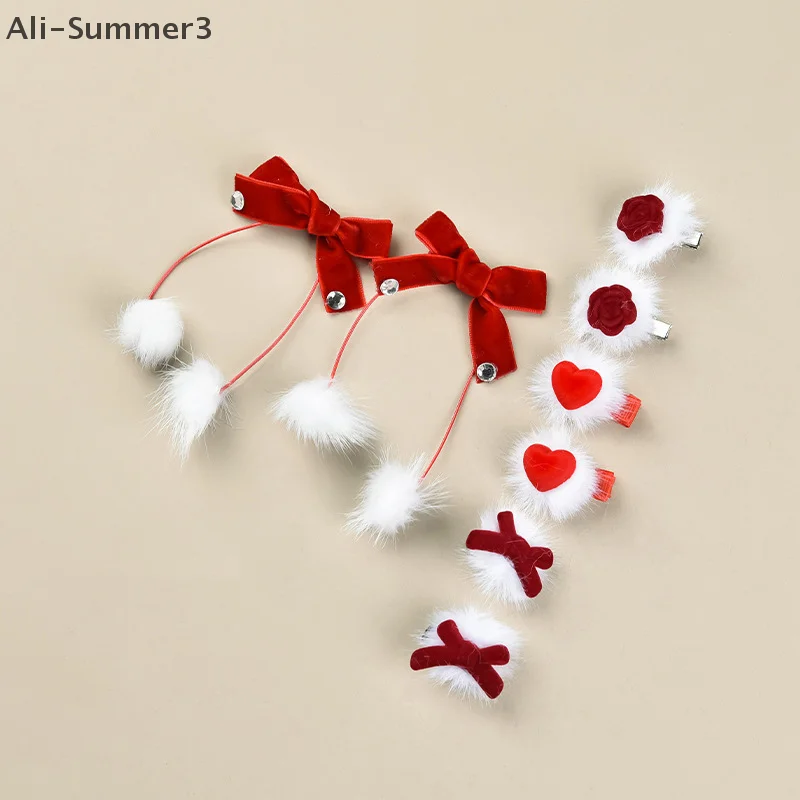 دبابيس شعر على شكل فيونكة مخملية حمراء للأميرة فتاة لطيفة على شكل قلب أطفال للخريف والشتاء مقاطع شعر كورية حلوة أغطية رأس للعام الجديد #1