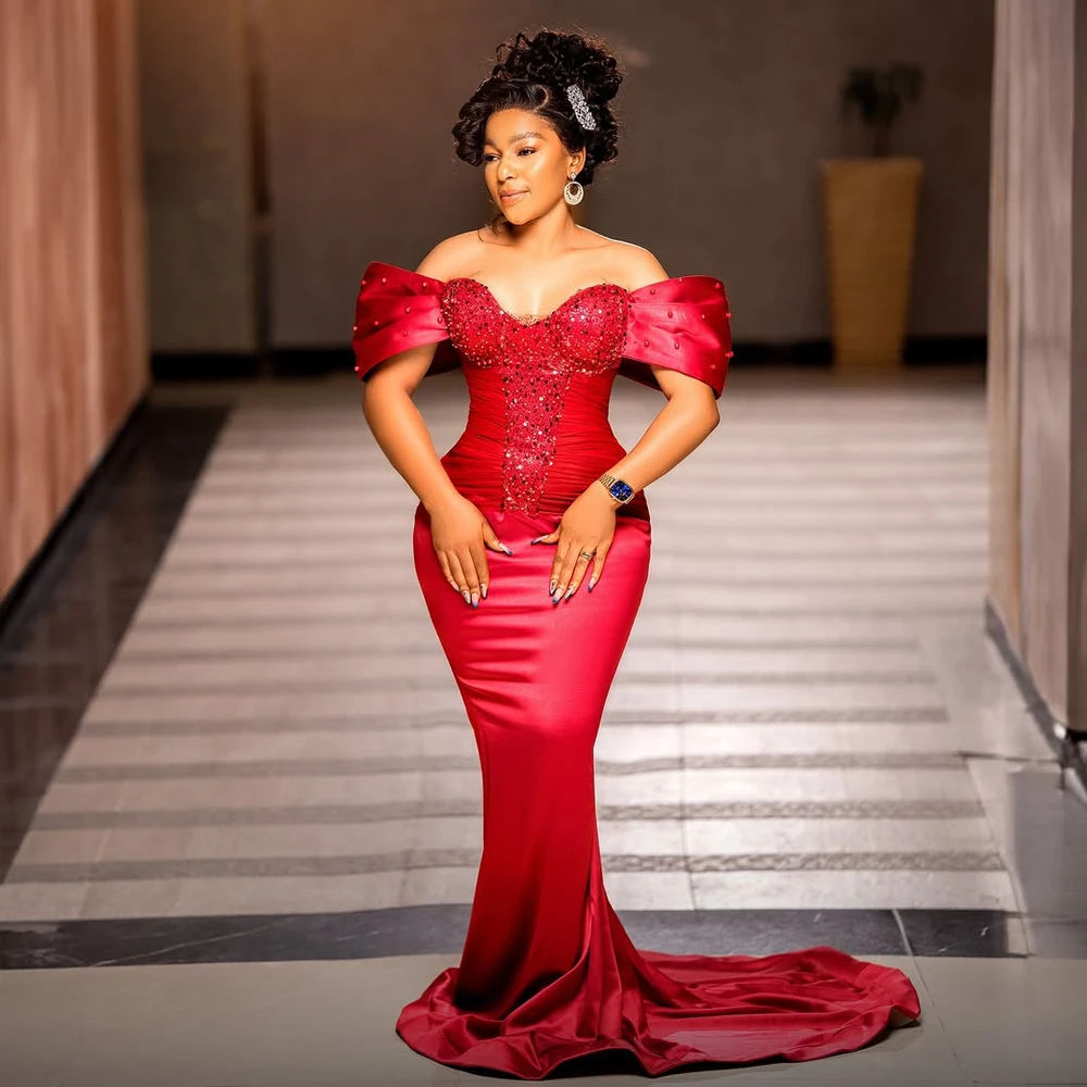 

Gorgeous African Red Prom Gown Asoebi Wedding Party Gown Strapless Off Shoulder Beaded Formal Occasion Dresses Customized