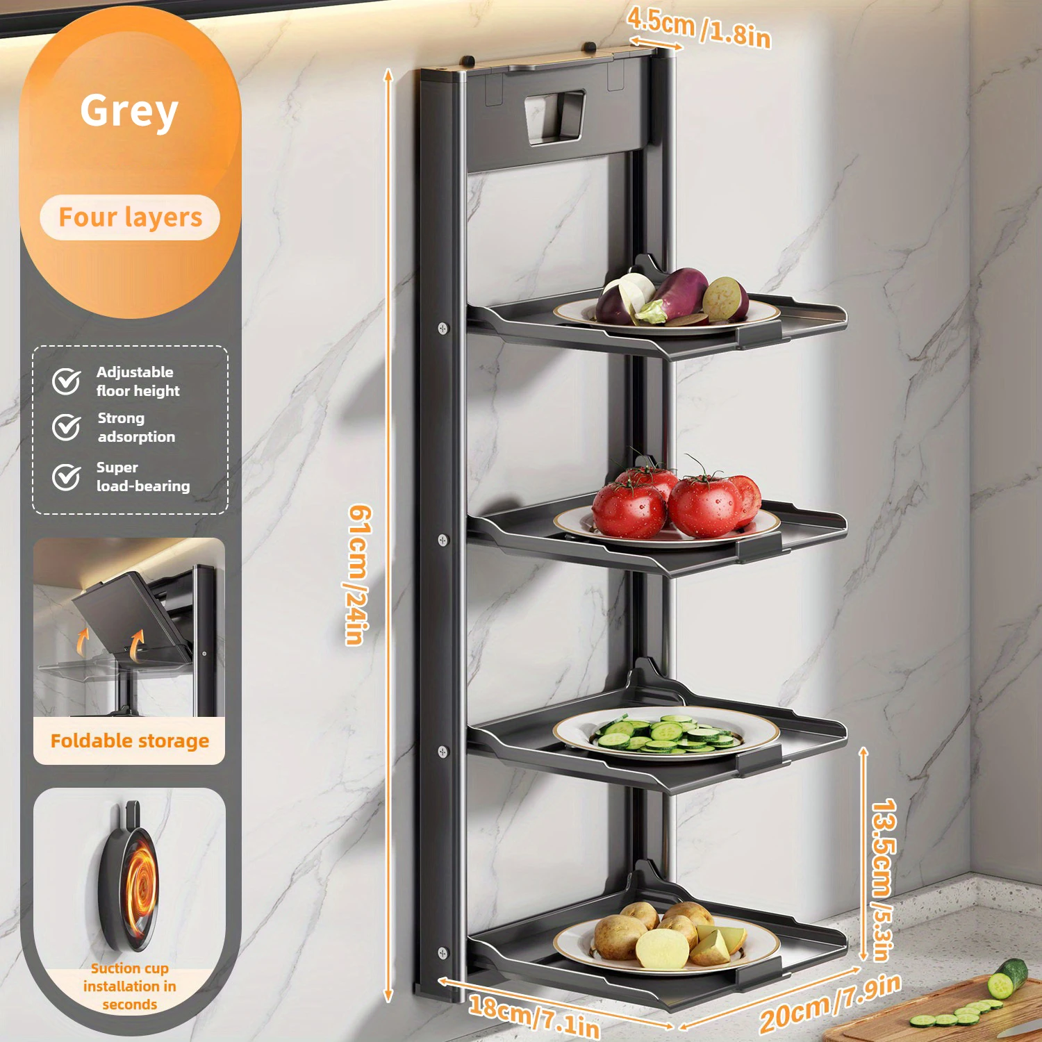 Foldable 4-Tier Floating Wall Spice Rack Space Saving Kitchen Wall Organizer