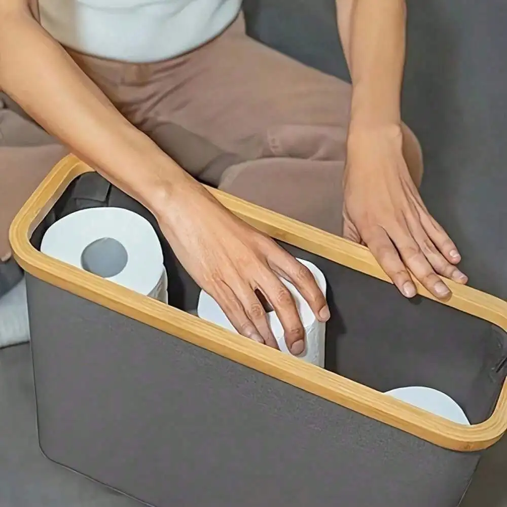 Bamboo Toilet Paper Storage Basket With Lid – Large Capacity Holds 9 Rolls, Stylish Bathroom Organizer With Wooden Slats And Met