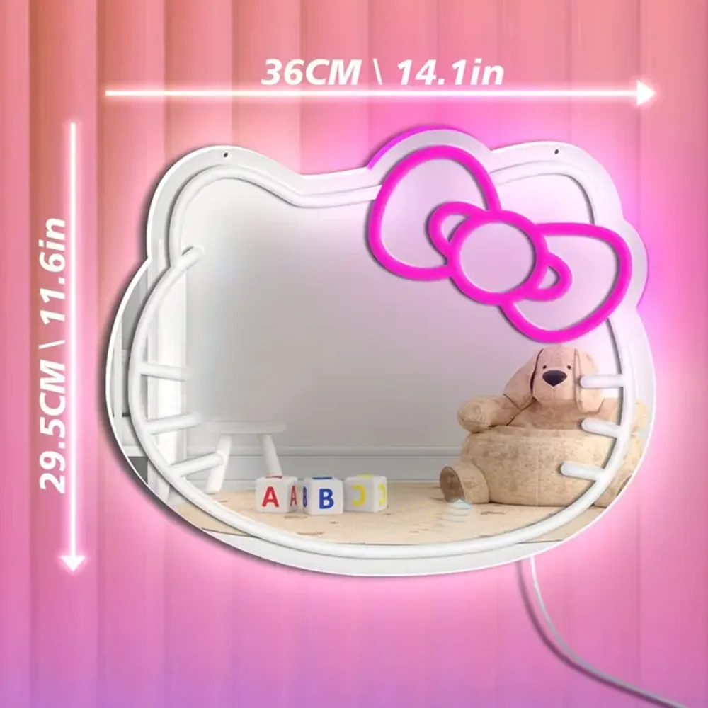 Hello Kitty LED Anime Mirror Neon Light Led Neon Mirror Sign for Girl Room Decor Cat Mirror Neon Light Up Birthday Kid Girl Gift