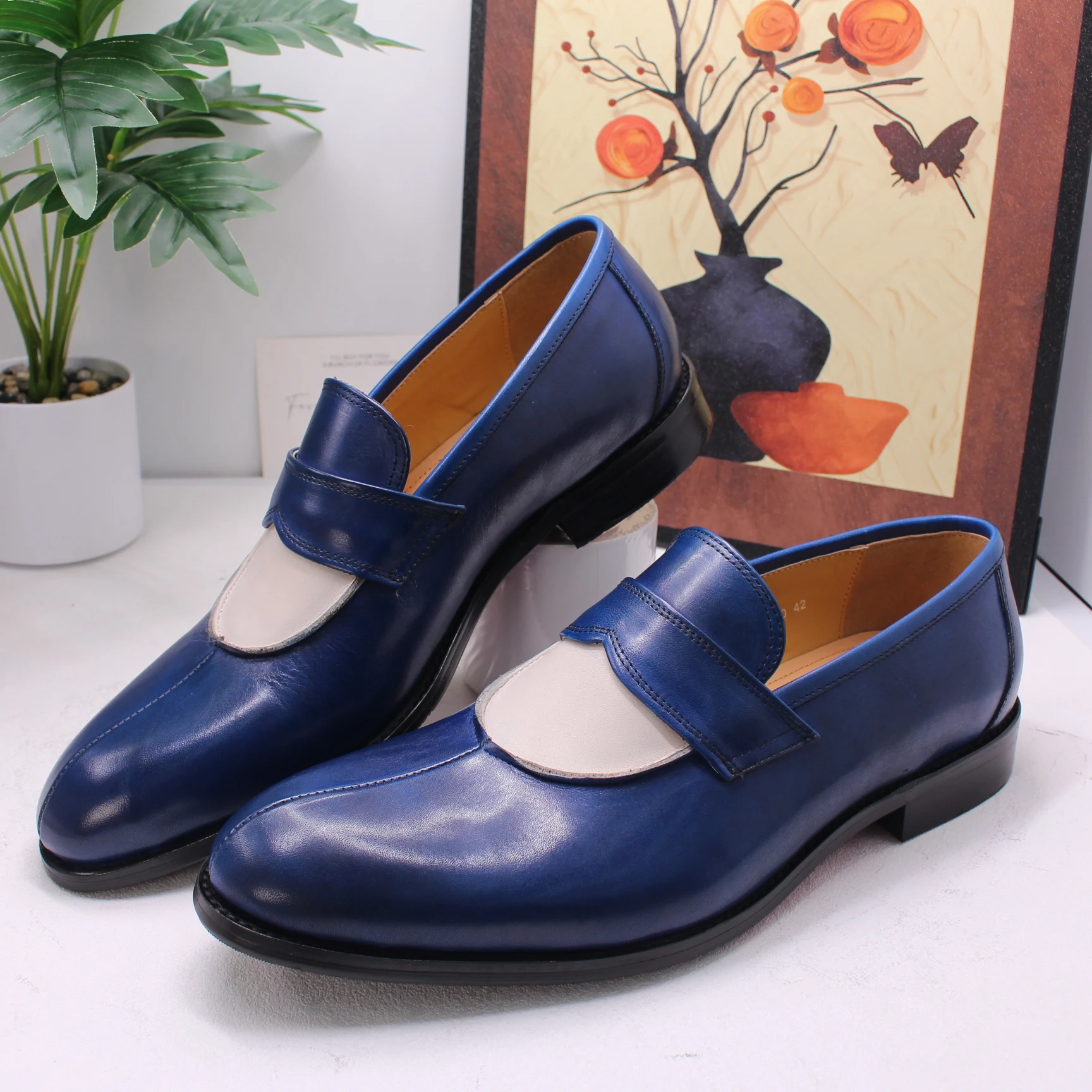 Blue White Sewing Design Matte Leather Loafers Fashion Slip On Men Shoes Luxurious Handmade Party Banquet Office Men Dress Shoes