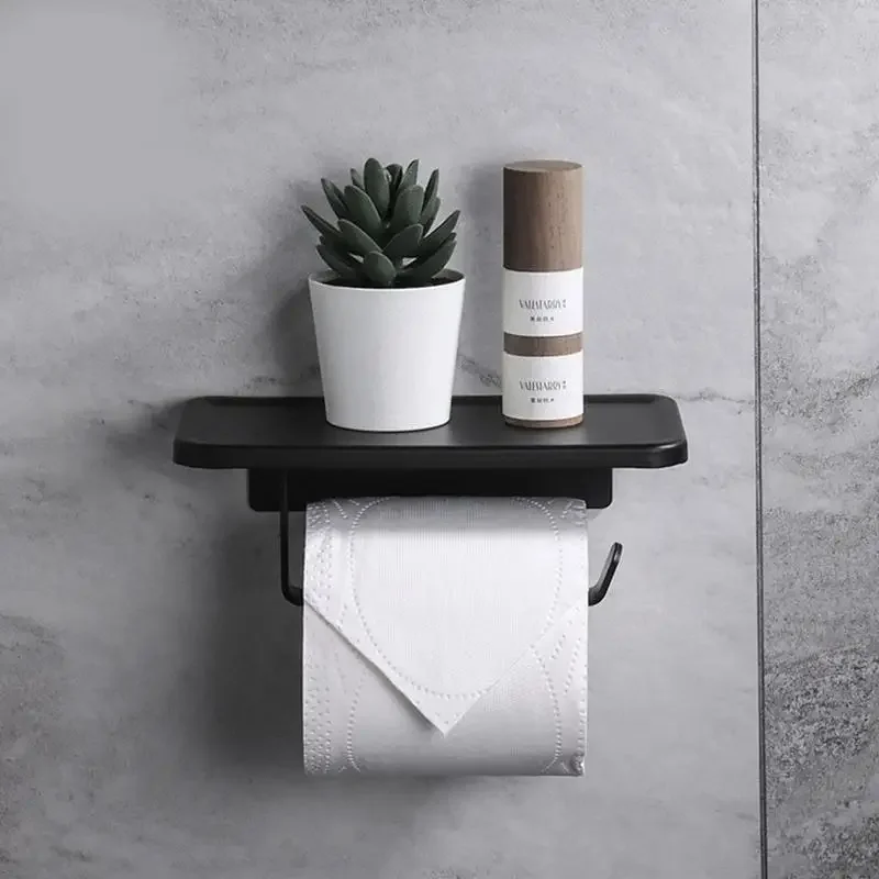 Toilet Paper Holder With Shelf Black White Bathroom Hardware Toilet Paper Aluminum Wall Mounted Toilet Paper Roll Holder