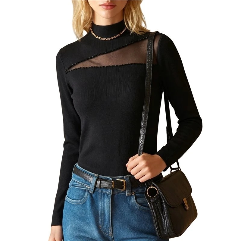 Women Mock Neck Diagonal Mesh Beaded Slim Fit Long Sleeve Ribbed Knit Top Black S Eco-Friendly