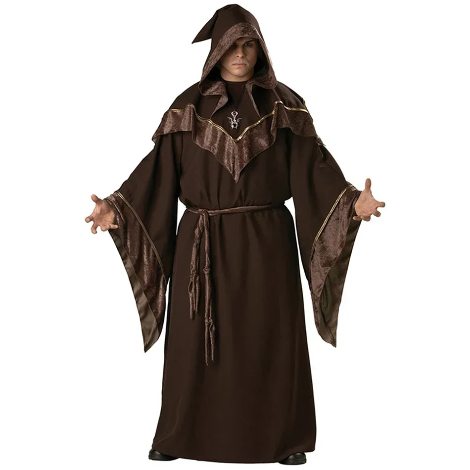 Men Medieval Priest Costume Ancient Monk Robe Wizard Cosplay Monk for Adult Purim Halloween Party Fantasia Dress Up