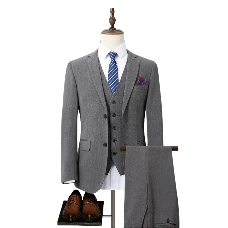 

Solid Suits Single Breasted Blazers Three Pieces Single Breasted Vest Straight Ankle Length Pants Business Wedding Pockets