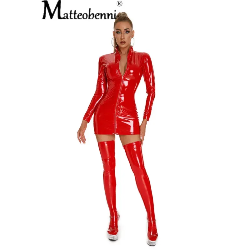SS13Sexy vestido de cuero de PU de manga larga con medias mono femenino Catsuit de alta elasticidad lencería Sexy de látex erótico rojo D