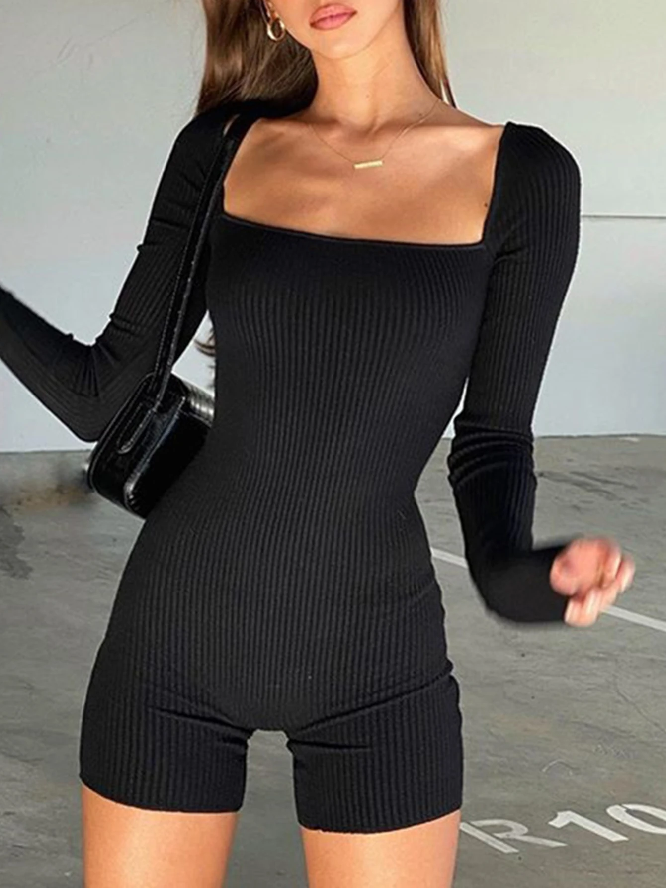 

UNIKTEE Women's Autumn Jumpsuits K-Fashion Elegant Plain Long Sleeve Square Neck Short Skinny Fit Casual Jumpsuit for