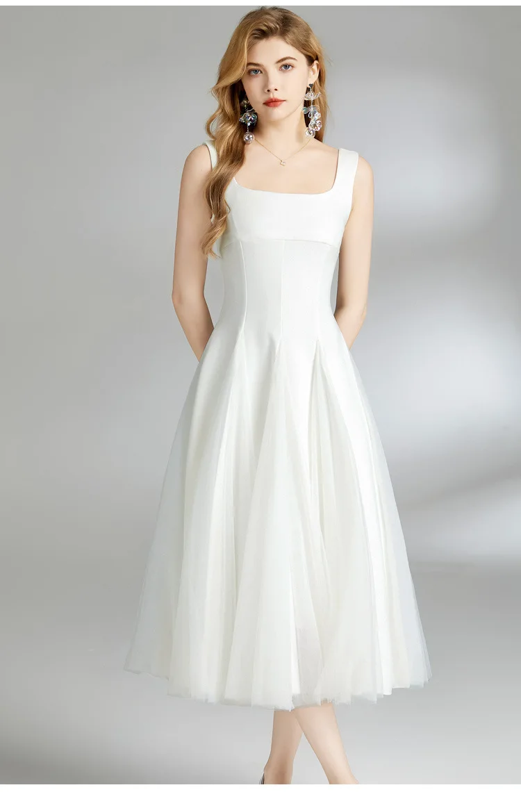 فستان أبيض أنيق بحمالة فرنسية خرافية للنساء فستان صيفي شبكي بياقة مربعة وتنورة بقصة ضيقة للحفلات المسائية