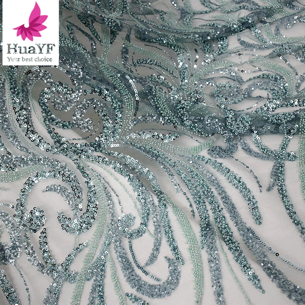 1 Yard French Mint Green Embroidered Lace Fabric with Beads and Sequin for Wedding Dress HY2493