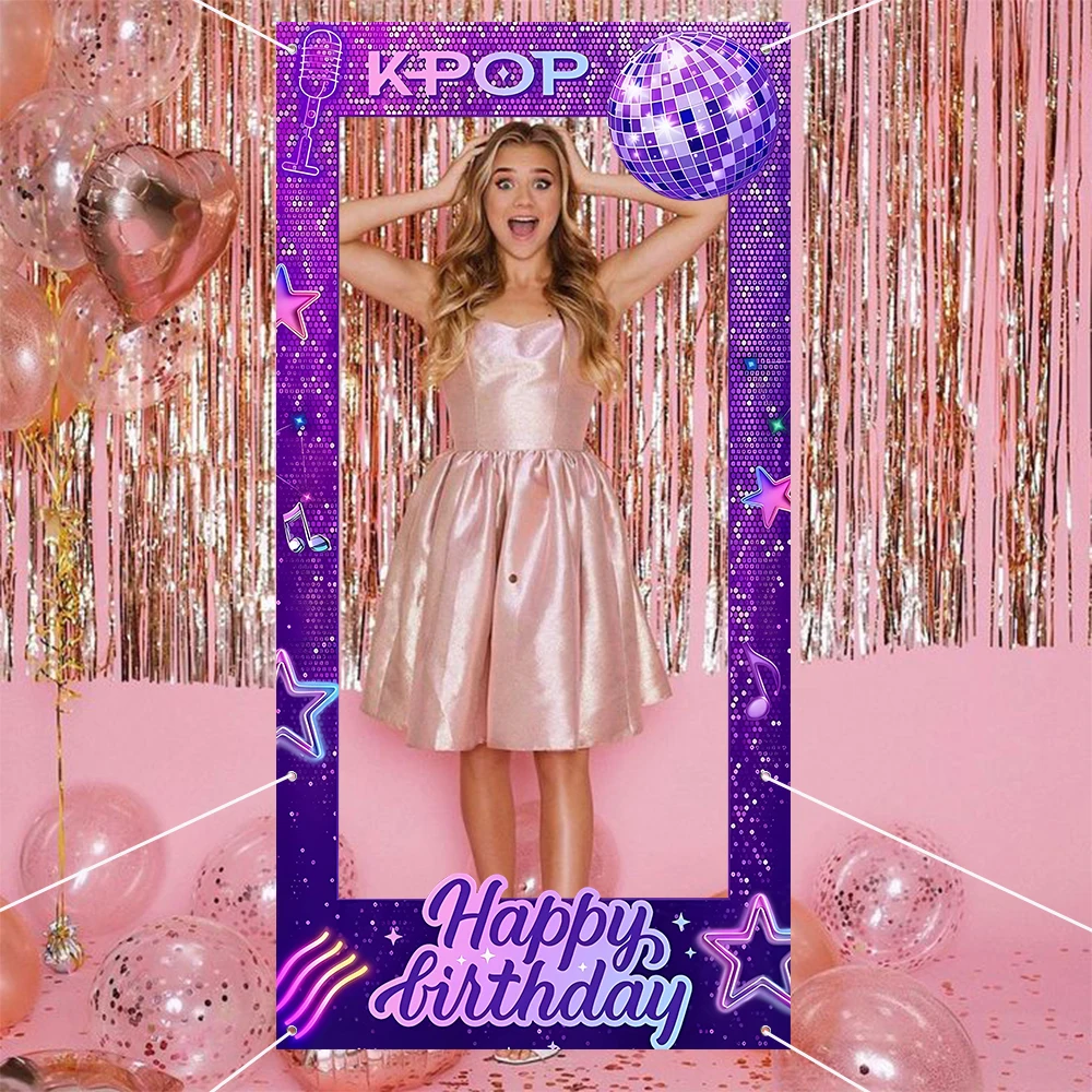 1 Stück Lila Disco-Fotorahmen-Hintergrund mit Happy-Birthday-Muster aus Polyester, Fotorequisiten für Disco-Themen-Geburtstagsfeiern
