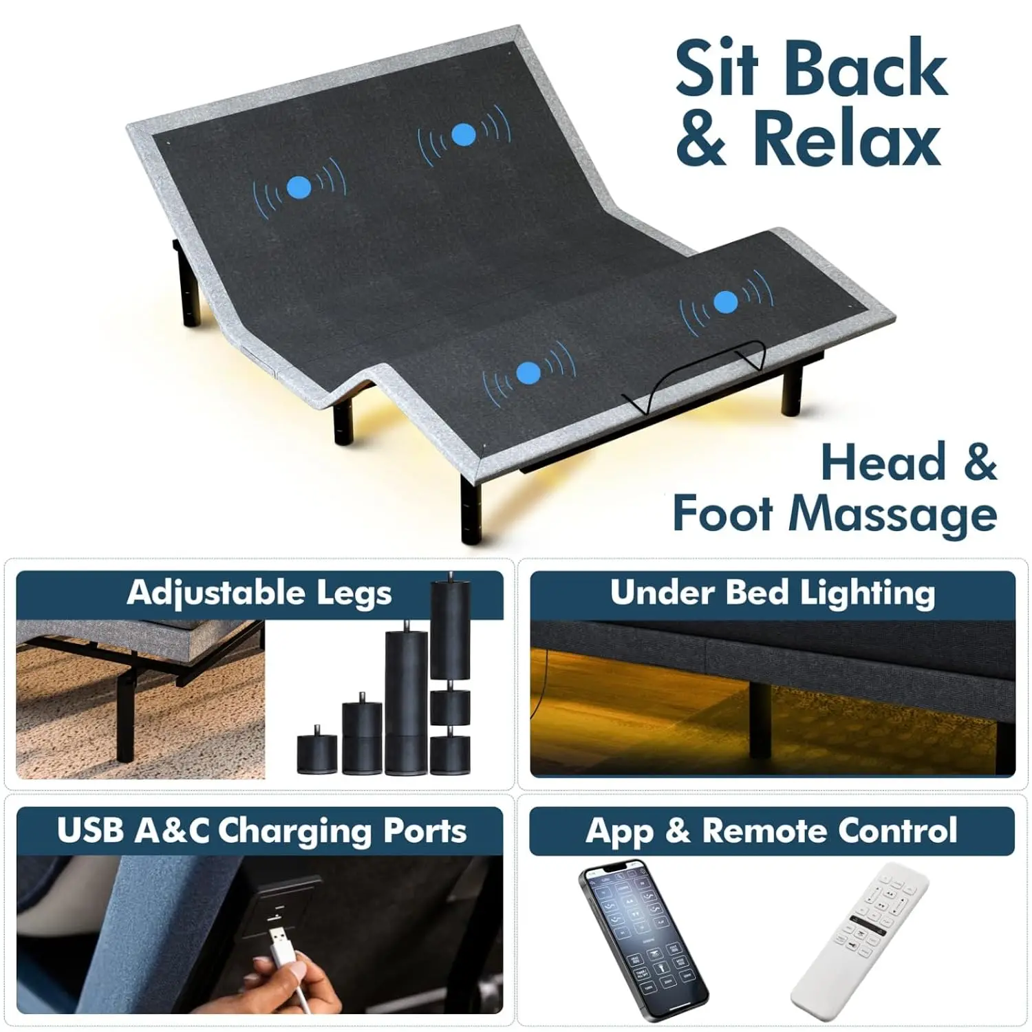 Adjustable Bed Frame Electric Massage Zero Gravity Wireless Remote Head Foot Incline 3 Height Legs Lights 4 USB, Customized