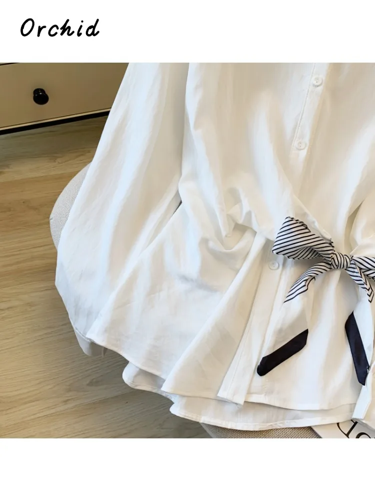 2025 inverno coreano estilo casual solto ajuste manga longa arco blusas femininas chique único breasted turn-down colarinho camisas brancas