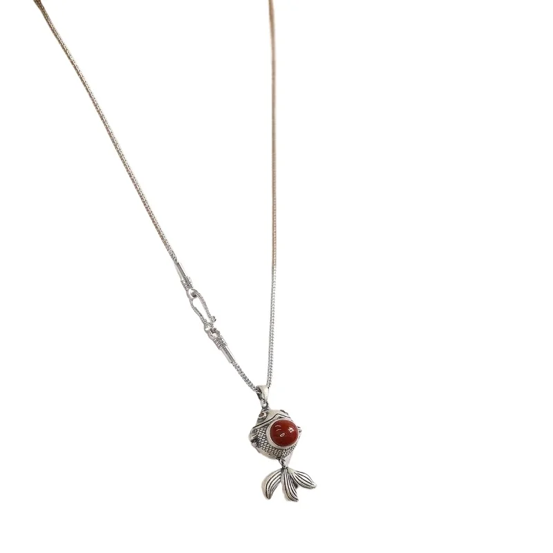 

925 Silver Fatty Fish Nanhong Agate Pendant Necklace Accessories Chinese Style Guochao Collarbone Chain