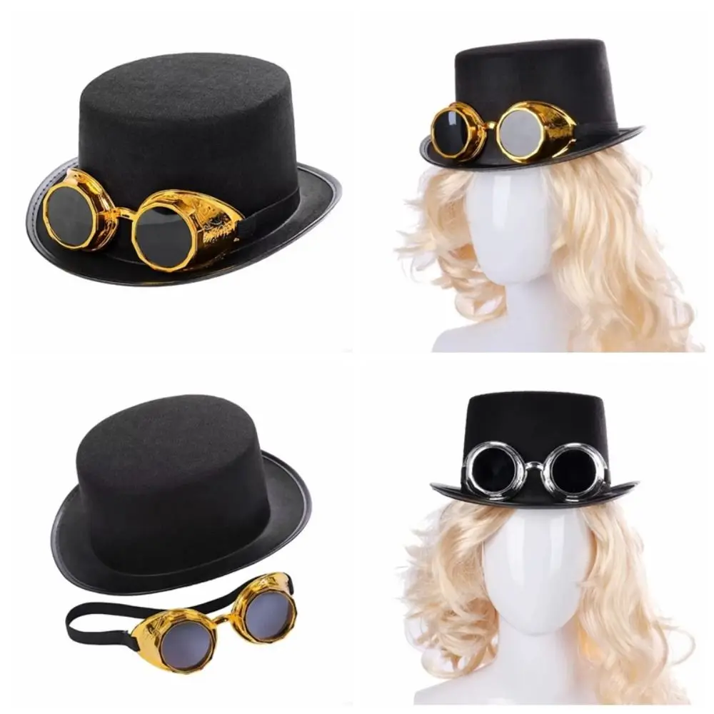 

Vintage Black Steampunk Men Hat With Eyeglasses Stage Performance Retro Gothic Hat Top Hats Non-woven Fabric Cosplay Jazz Hat