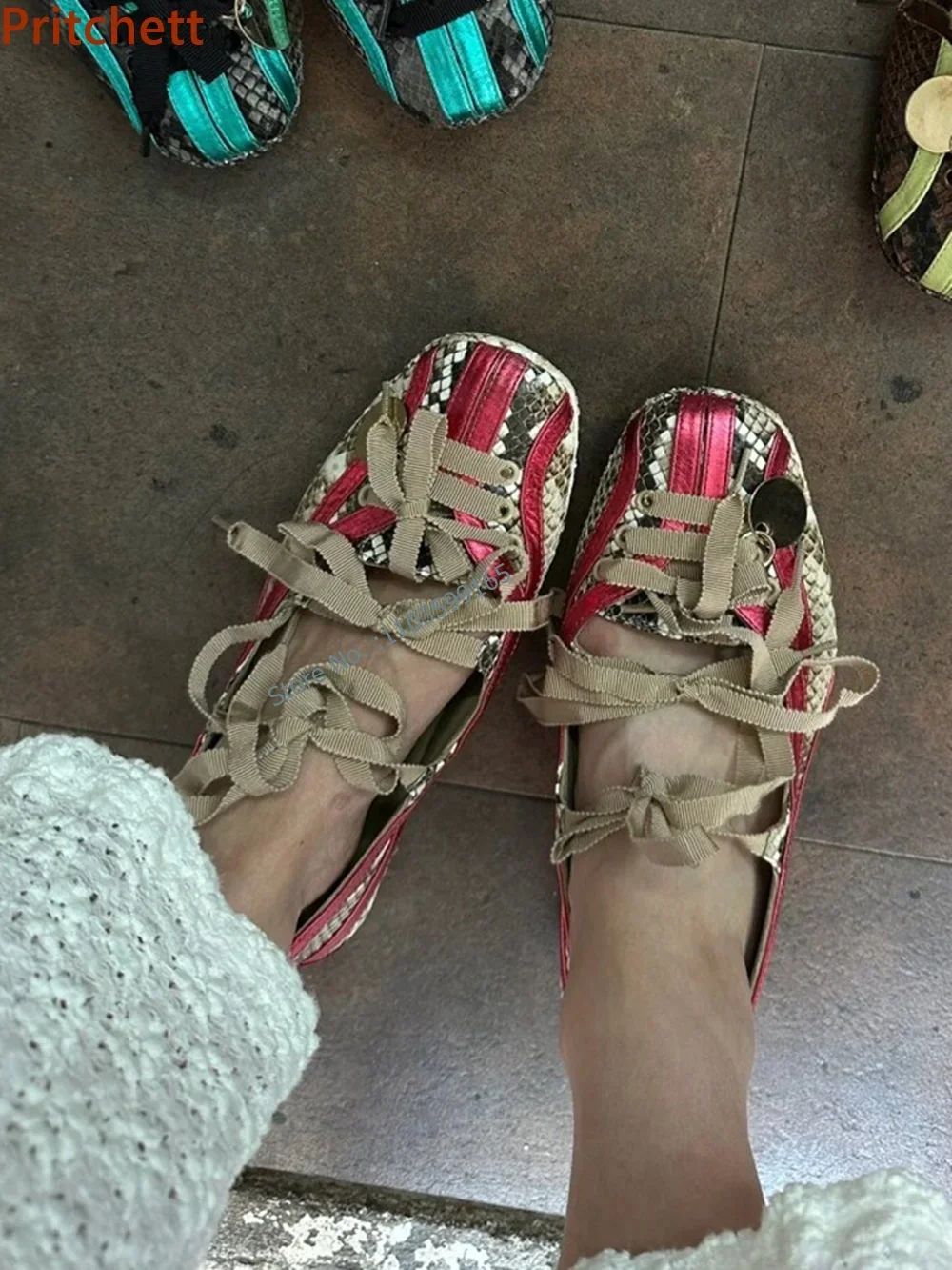 snakeskin pink Cross-Tied Ballet Bumps trendy Butterfly Knot Shallow Round Toe Lace Up Mary Jane Shoes Purple Black Women Shoes