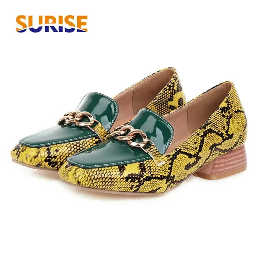 British Women Loafers White Yellow Faux Snakeskin Flats Casual Party Patent Leather Patchwork Square Toe Metal Chain Moccasins