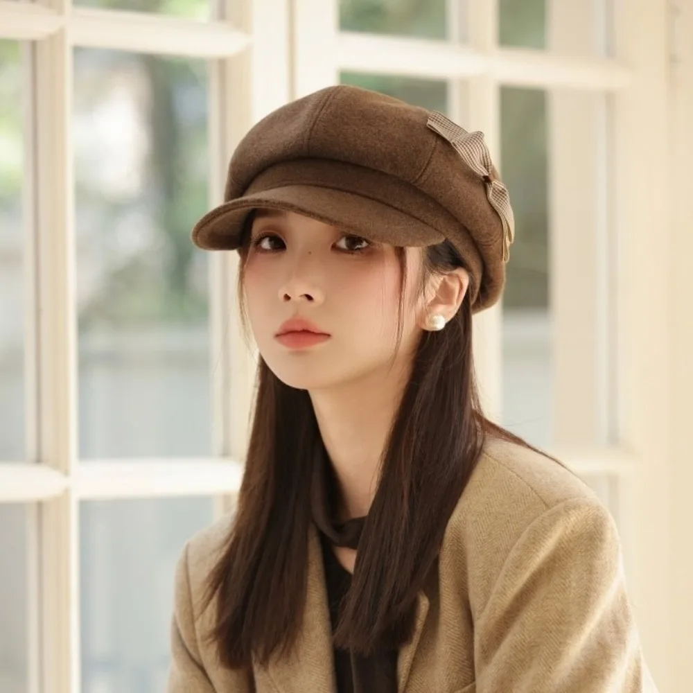 

Casual Wool Bow Beret Solid Color Big Head Circumference Newsboy Hat Warm Versatile Octagonal Cap Streetwear