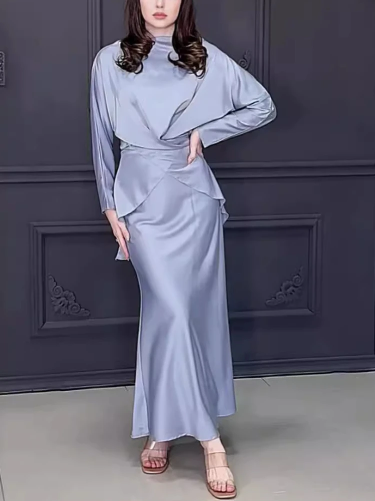 Elegant High Waist Satin Skirt Outfit Casual O-neck Criss-Cross Long Sleeve Top & Long Skirt Suit Fashion Lace-up Draped Suits