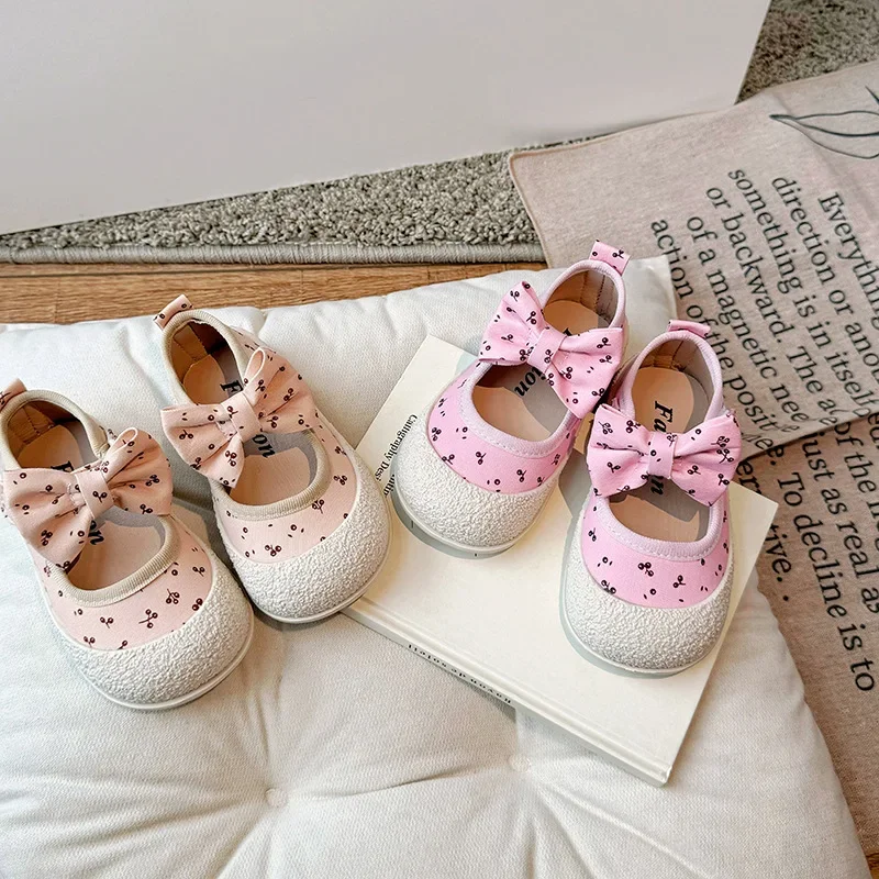 Scarpe di tela per ragazze primavera autunno New Bow Print scarpe da principessa per bambini scarpe Casual per bambini comode e traspiranti scarpe