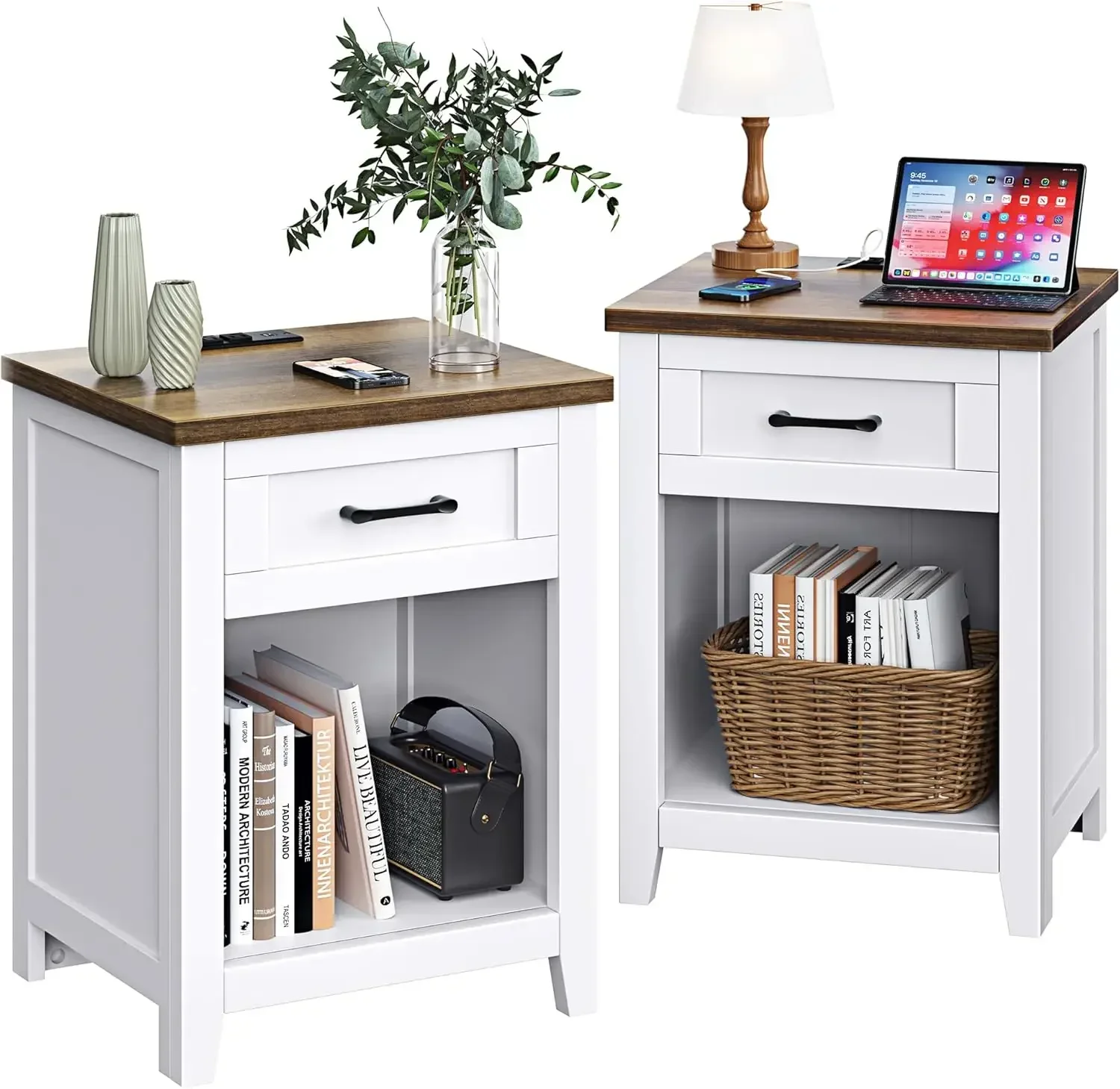 Nightstand Set Of Two Farmhouse Side Tables With Charging Station Large Storage Outlets Usb Ports Type C Ports Bedroom Easy Asse