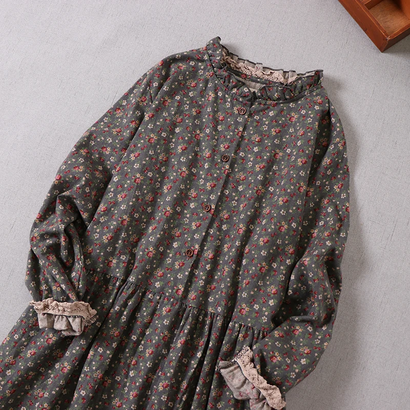 Japanese Mori Girl Vintage Floral Print Ruffled Cotton Dress Women Spring Autumn Long Sleeve Casual Loose Retro A-line Dresses