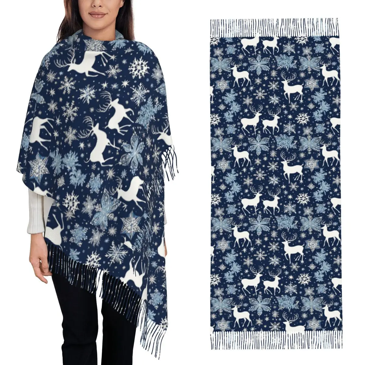 Christmas. Blue And White Scarf Tassel Scarves for Women Soft Warm Shawls and Wraps Long Fall Winter Shawl Wrap