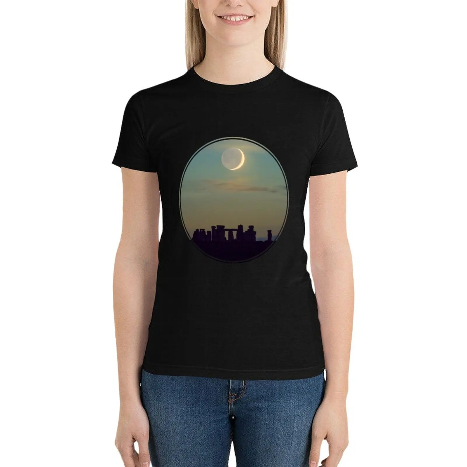 

Crescent Moon at Stonehenge T-Shirt vintage clothes tops Women's tee shirt