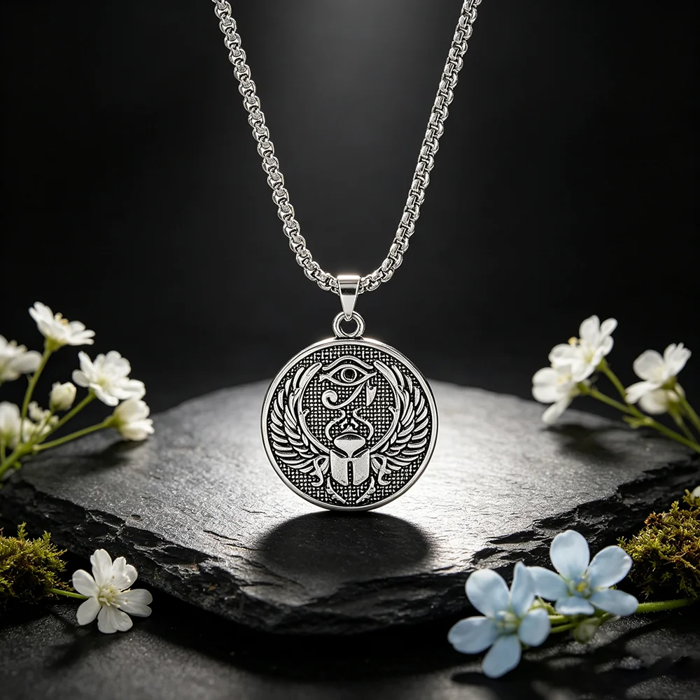 Ancient Egyptian Eye of Horus Scarab Medal Pendant Necklace Vintage Silver round Coin Amulet Hip Hop Street Jewelry for Men