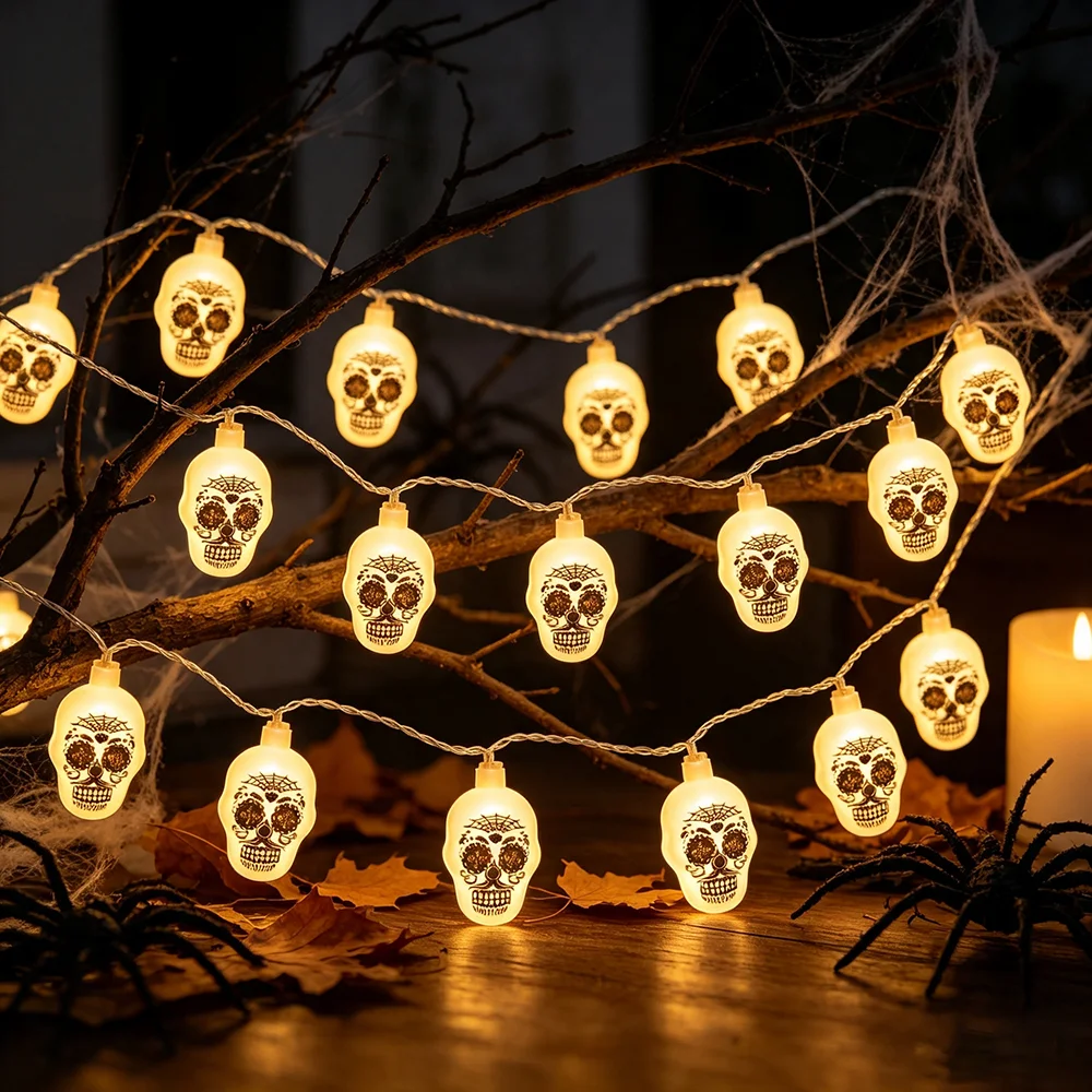 1 Set 10 Head Patterned Artificial Skull LED Light String, Halloween Day of The Dead Party Indoor Courtyard Desktop Decoration