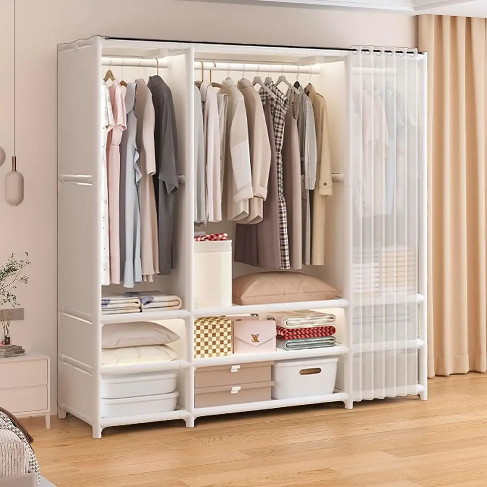 خزانة محمولة، خزانة ملابس، رف ملابس عالي التحمل مع غطاء، رف ملابس على الطراز الياباني مع 3 قضبان تعليق، 9 أرفف تخزين، 56