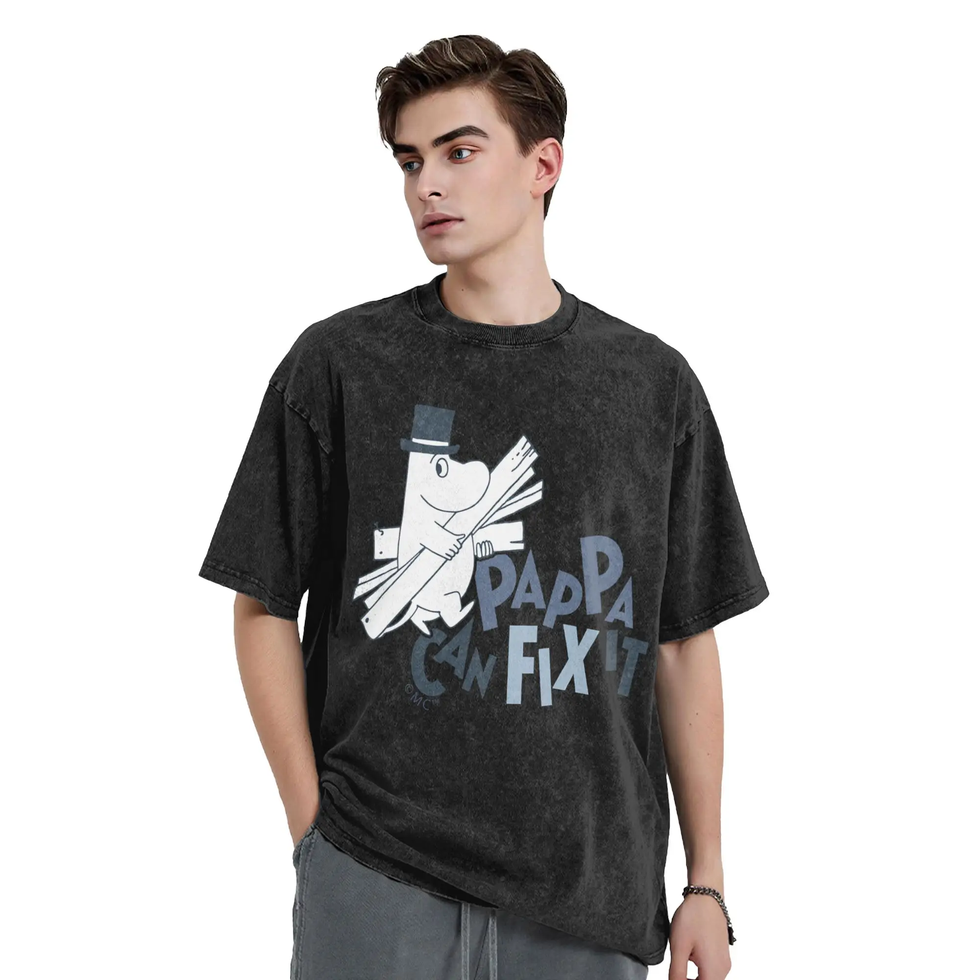 M-moomin Pappa Can Fix It Blue Text T-Shirts for Men Round Collar Pure Cotton Washed T Shirts Short Sleeve Shirt Plus Size Tops