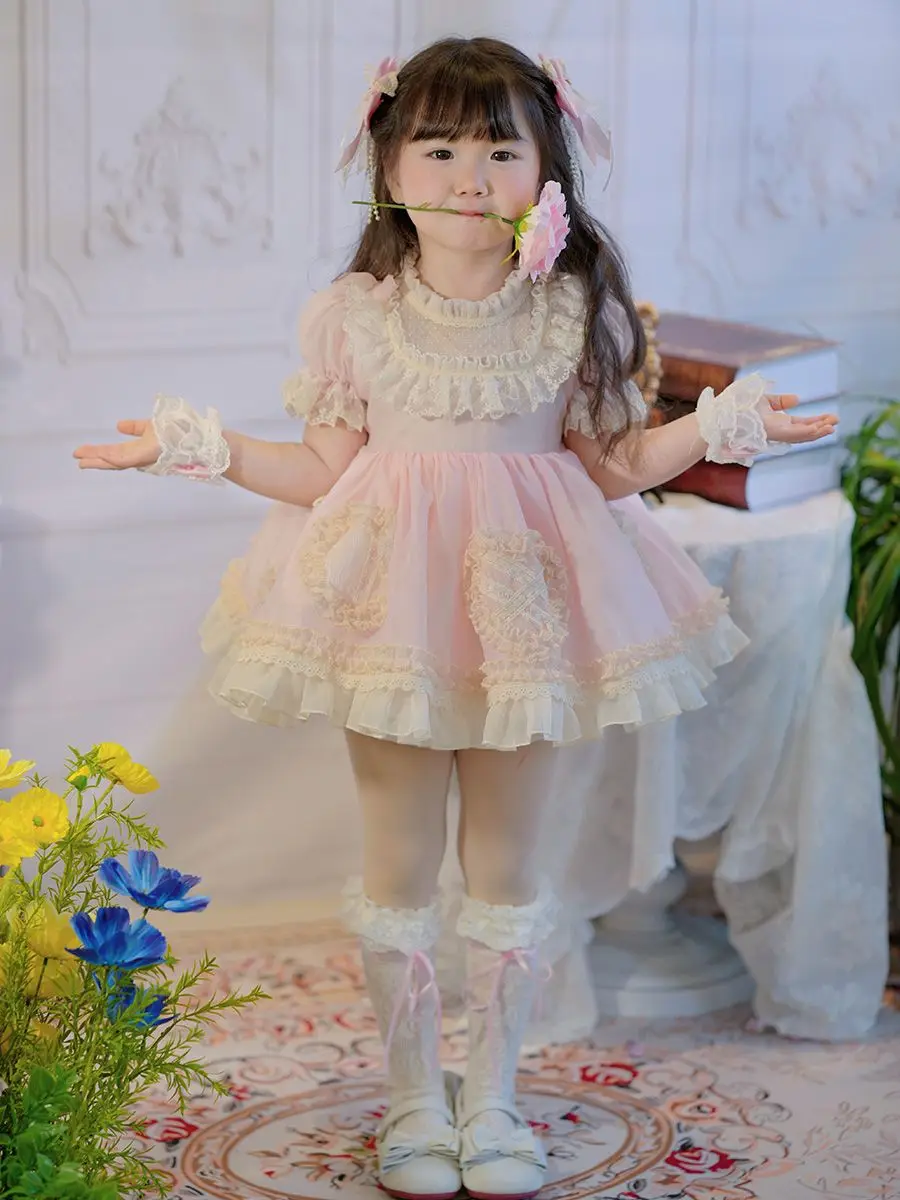 

Baby Toddle Girls Summer Pink Sweet Lolita Lace Floral Princess Ball Gown Dress Skirts Birthday Party Childrens Clothes