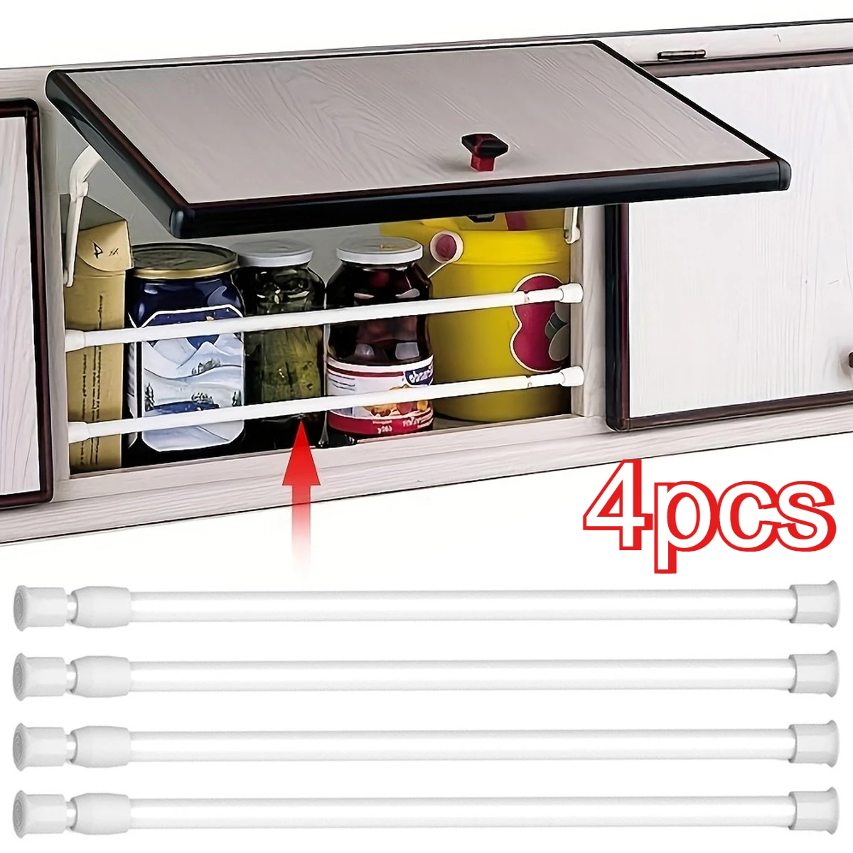 4Pcs Adjustable Tension Rods, RV Camper Closet Storage Bars, Space Saving Organizer Accessories for Travel Trailers Camping